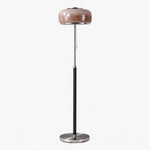 Carica l'immagine nella visualizzazione Galleria, Smoky taupe Bauhaus glass floor lamp with chrome and black base shown unlit