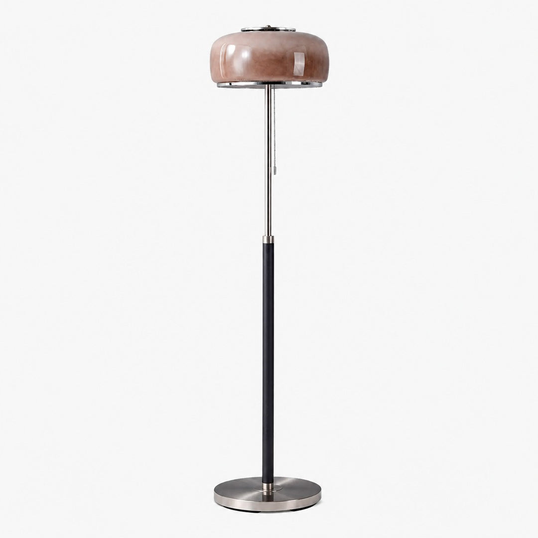 Smoky taupe Bauhaus glass floor lamp with chrome and black base shown unlit