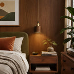 Cargar imagen en el visor de la Galería, Brown leather pendant lamp installed beside a bedroom nightstand