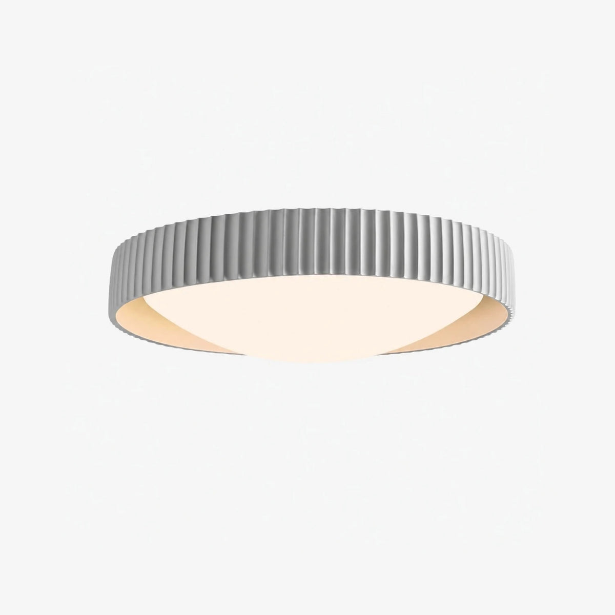Gray ribbed flush mount ceiling light on white background