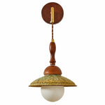 Cargar imagen en el visor de la Galería, Unlit Japanese retro wall sconce showing the round backplate, wood stem, brass connector and shallow shade