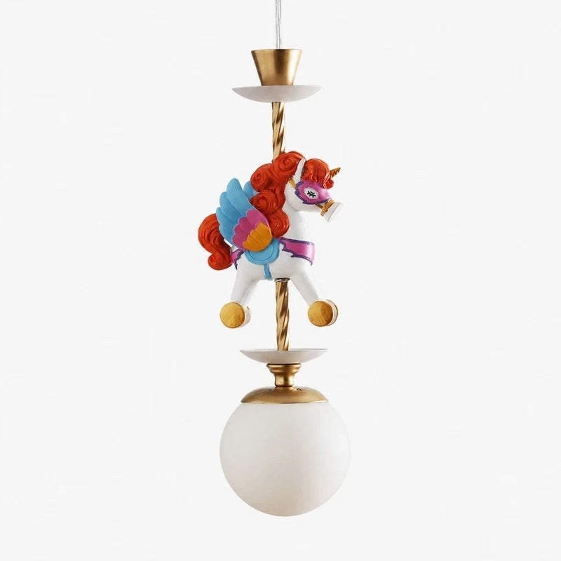 Single circus horse pendant light with red and blue accents