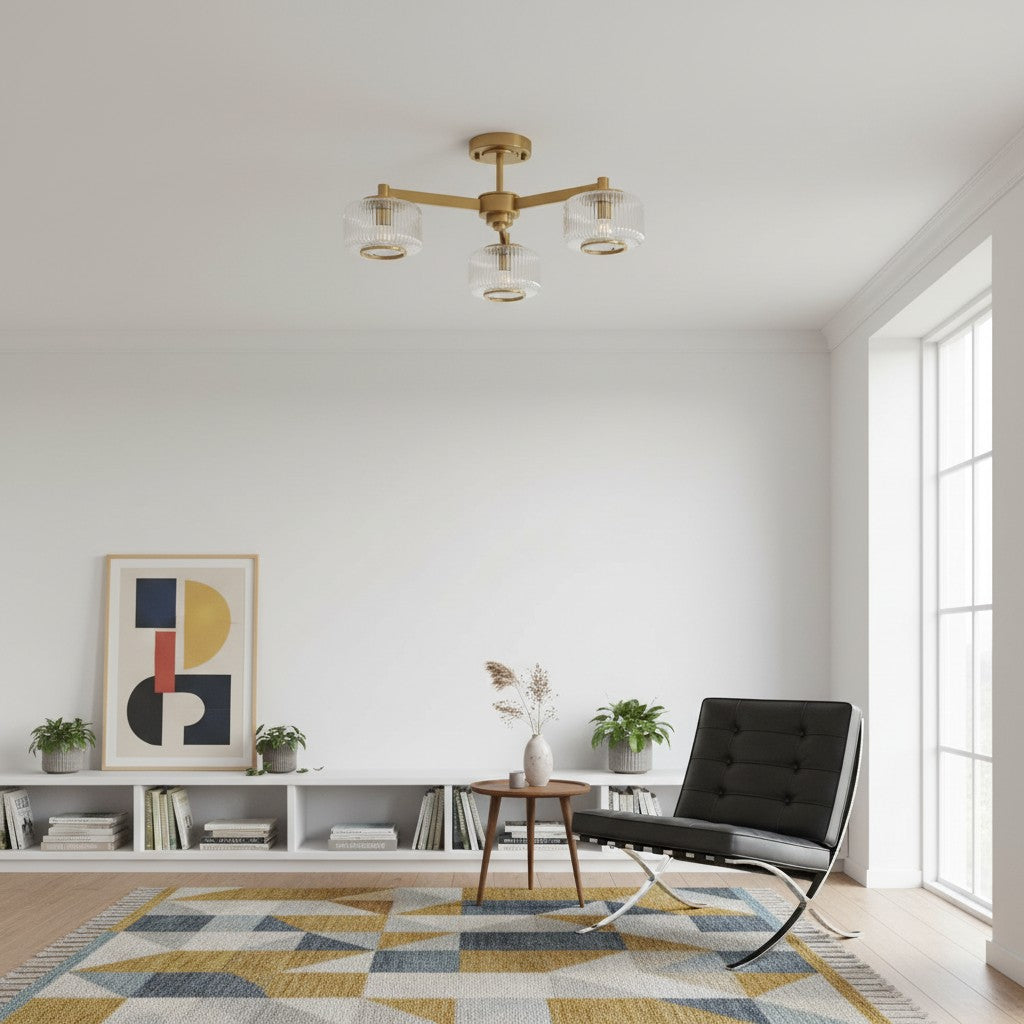 Canovus plafondlamp met geribbeld glas - industriële metalen woonkamerlamp