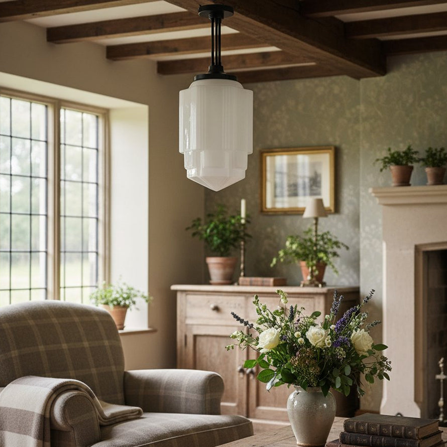 Geotower Glass Brass Pendant – Opal Globe Art Deco Hanging Light