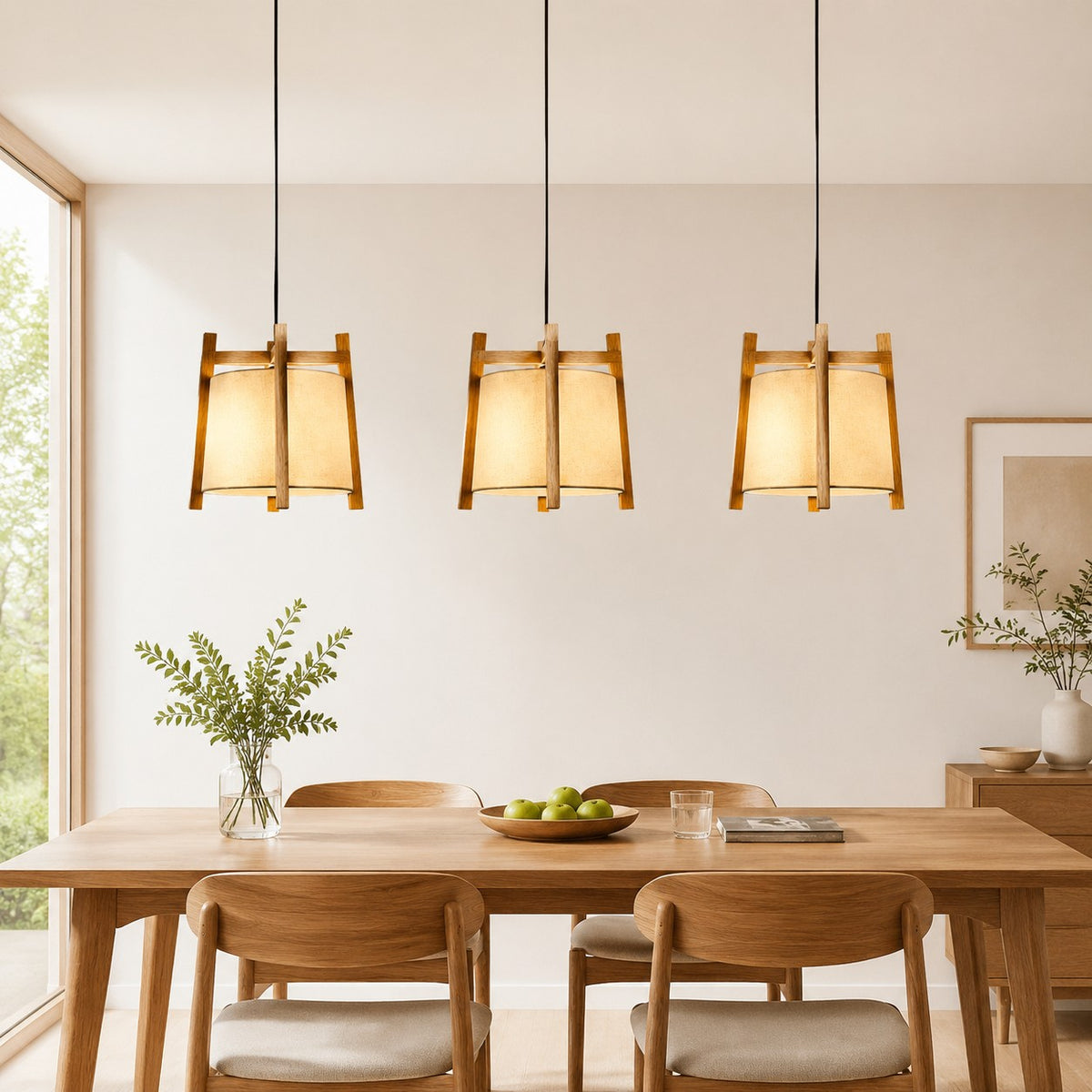Natural wood fabric pendant lights in a bright dining room