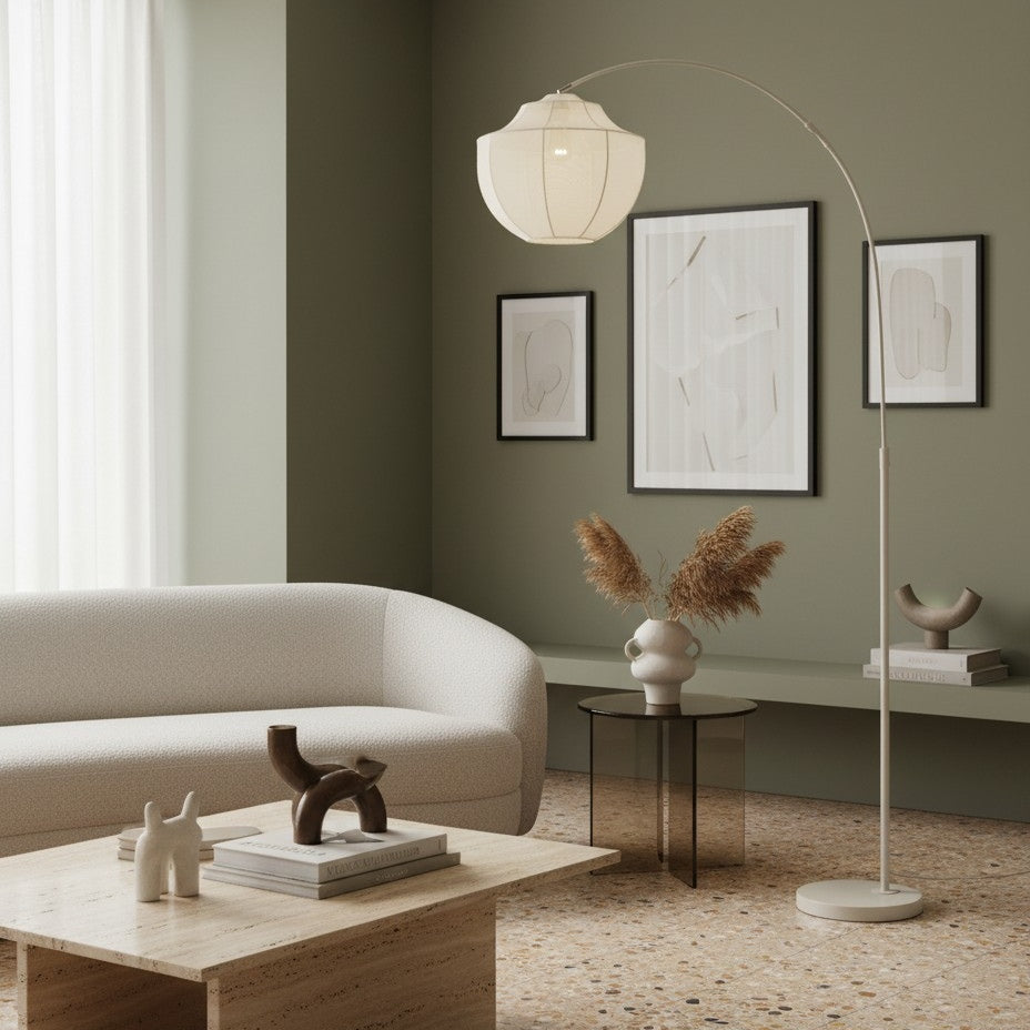 Lampe sur pied Lumifil Arc avec abat-jour en maille textile - Pied en métal pour un éclairage d'ambiance doux dans le salon