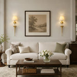Charger l'image dans la visionneuse de la galerie, Brass fabric shade wall sconce installed in a living room