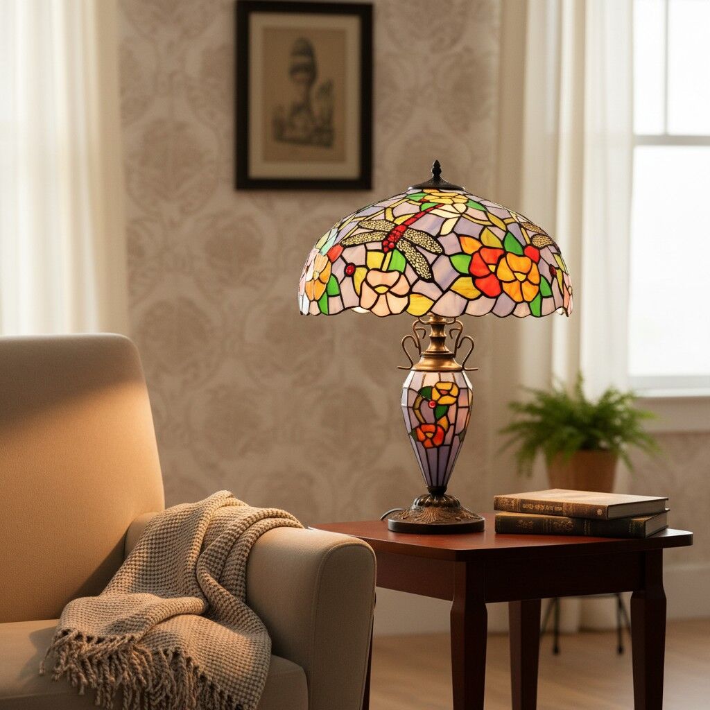 TF Keswick Libelle Tiffany Tafellamp – Handgemaakte glas-in-lood kap voor woonkamer of slaapkamer