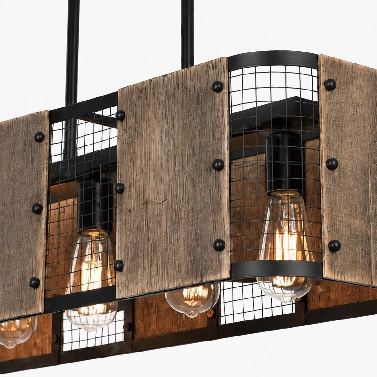 Close view of five-light frame with wood panels and iron guard