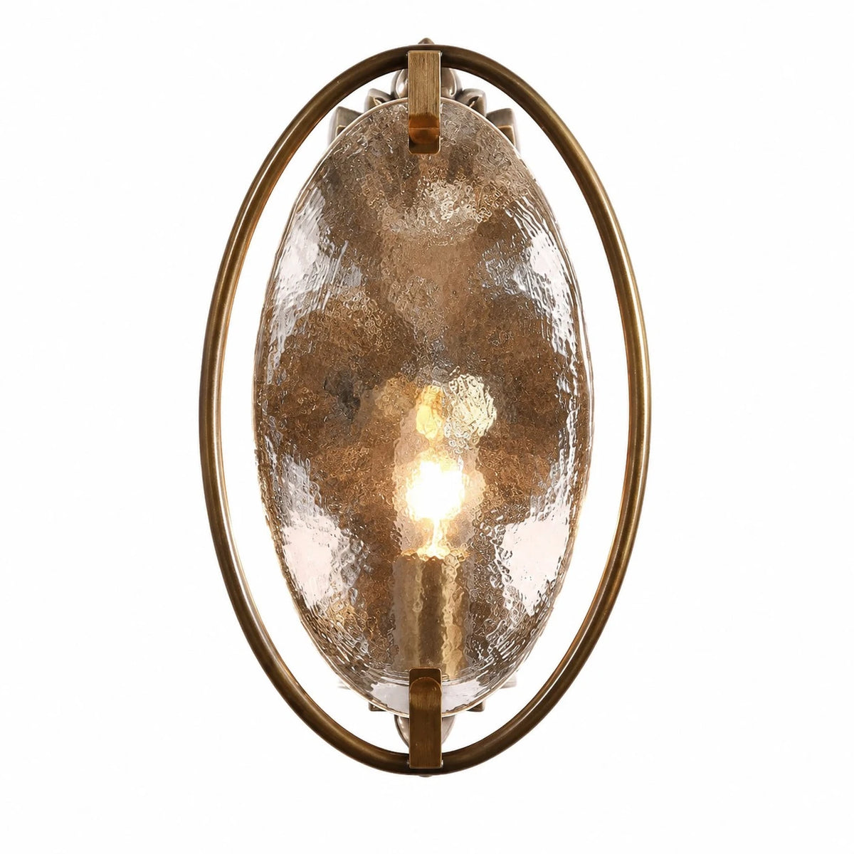 Antique brass textured glass wall sconce on a white background