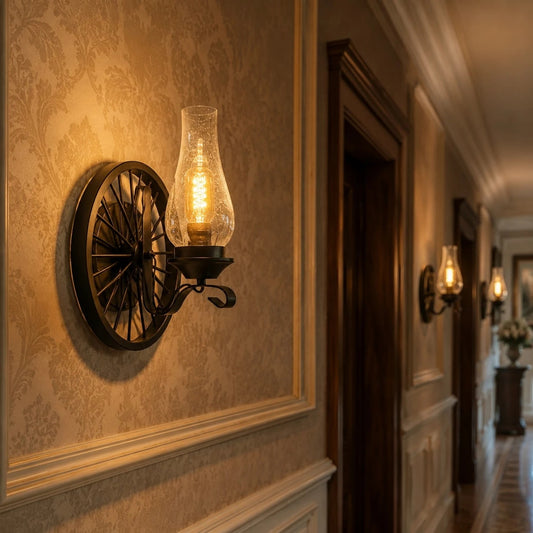 Black two-head wall sconce lighting a paneled hallway