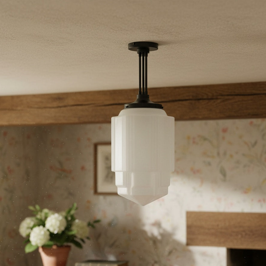 Geotower Glass Brass Pendant – Opal Globe Art Deco Hanging Light