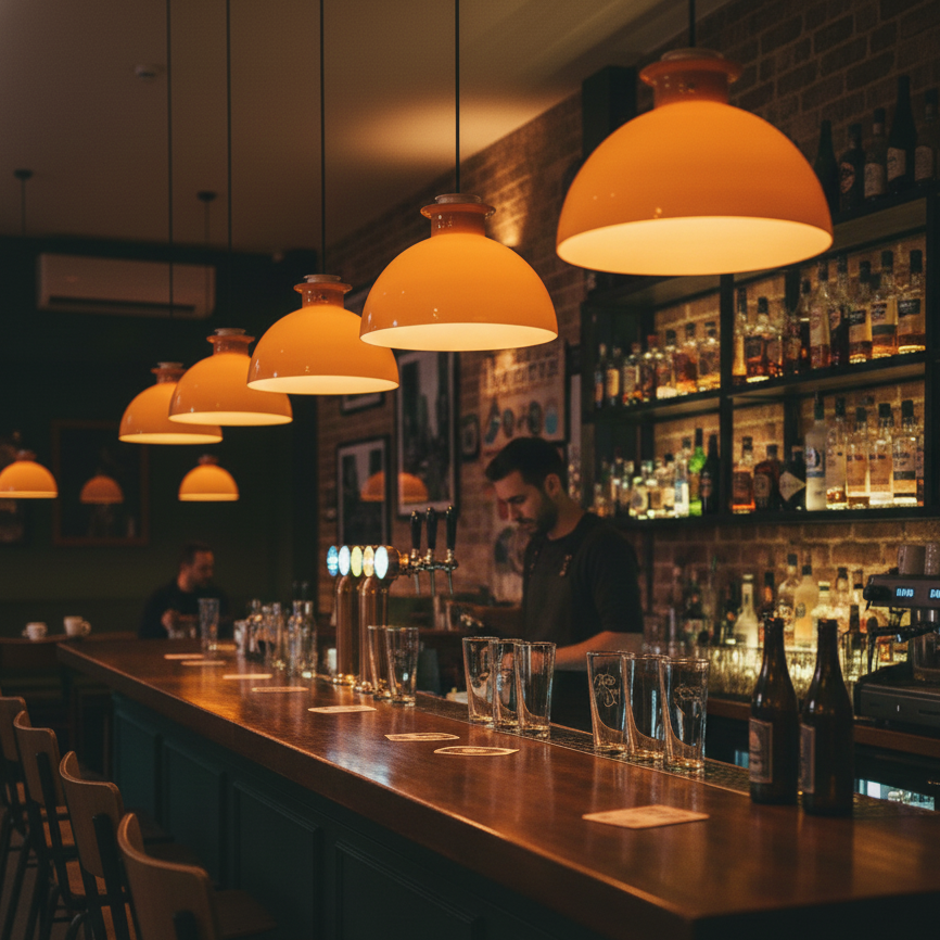 Glebe Glossy Glass Dome Pendant Lamp – Industrial Orange Hanging Light for Kitchen and Dining Room