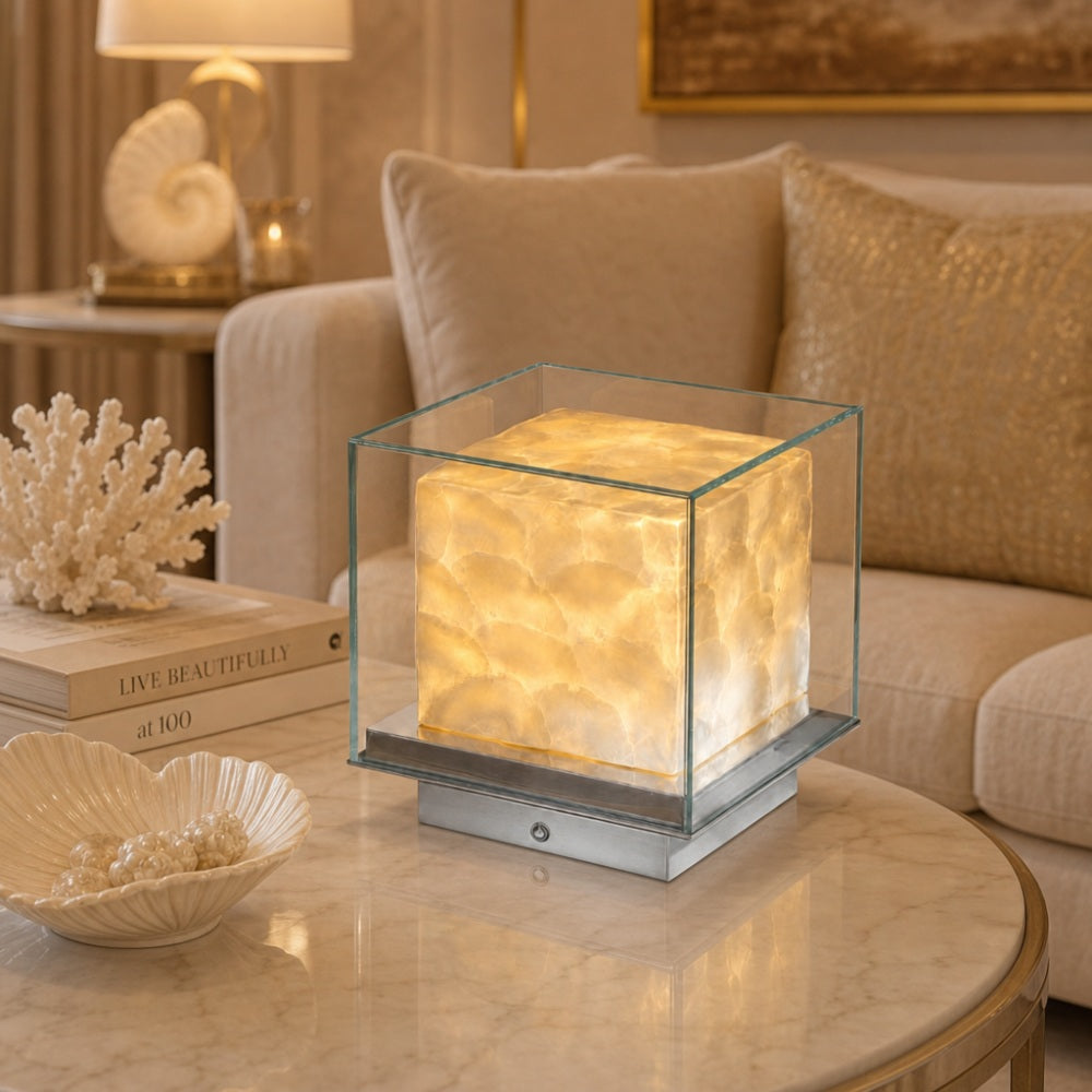 Beamira Mica and Shell Table Lamp - Modern Square Shade Accent Light for Bedroom