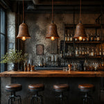 Cargar imagen en el visor de la Galería, Three rust bell pendant lights in an industrial bar setting