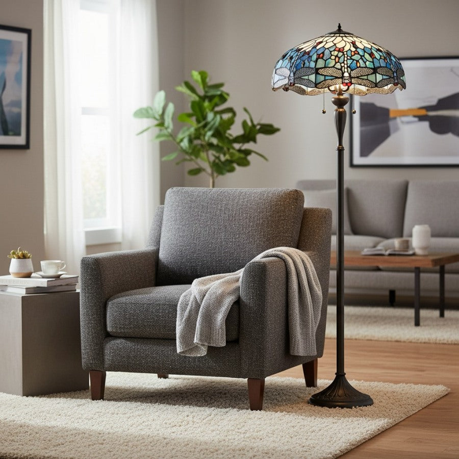 TiffStar kunstglas vloerlamp met sierlijke patroonlampenkap – staande lamp voor woonkamers