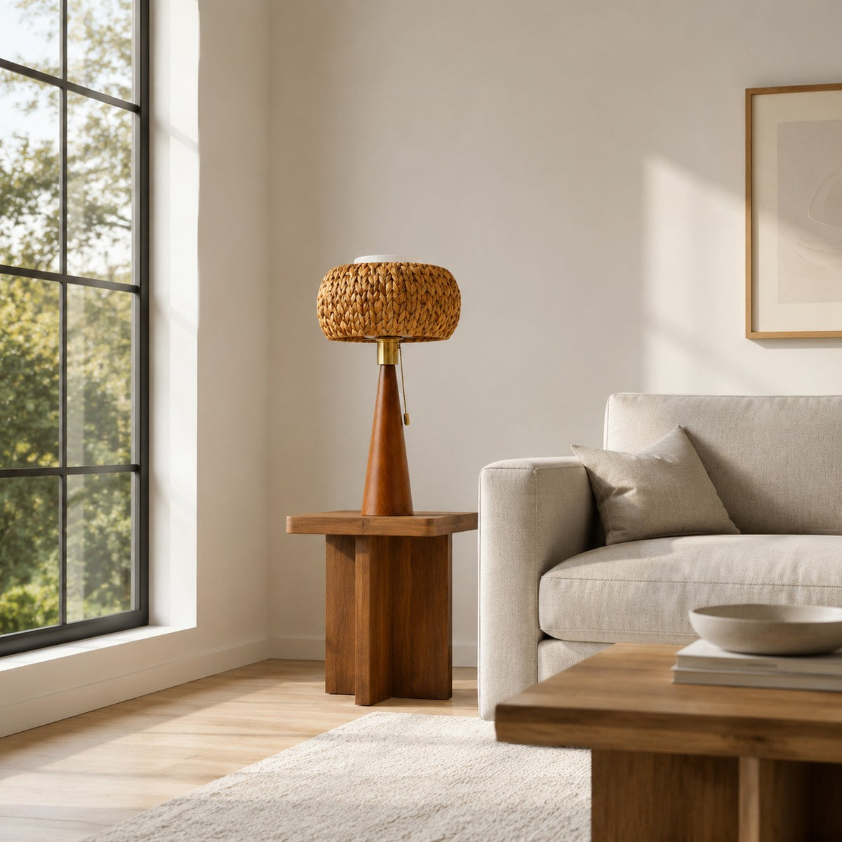Wood and woven table lamp placed in a warm living space