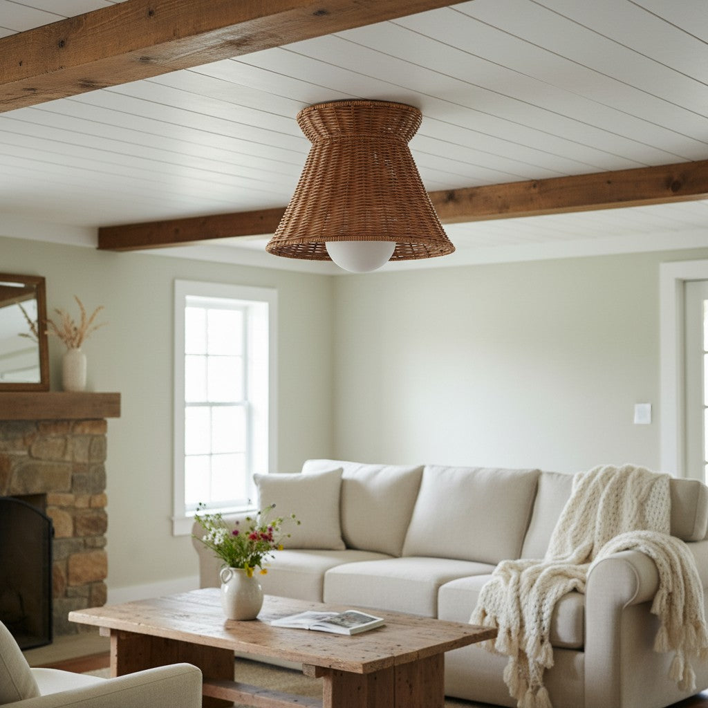 Wickara Lampa Sufitowa Natynkowa - Pleciona Organiczna Sylwetka - Lampa Sufitowa - Styl Boho z Rattanu - Do Salonu