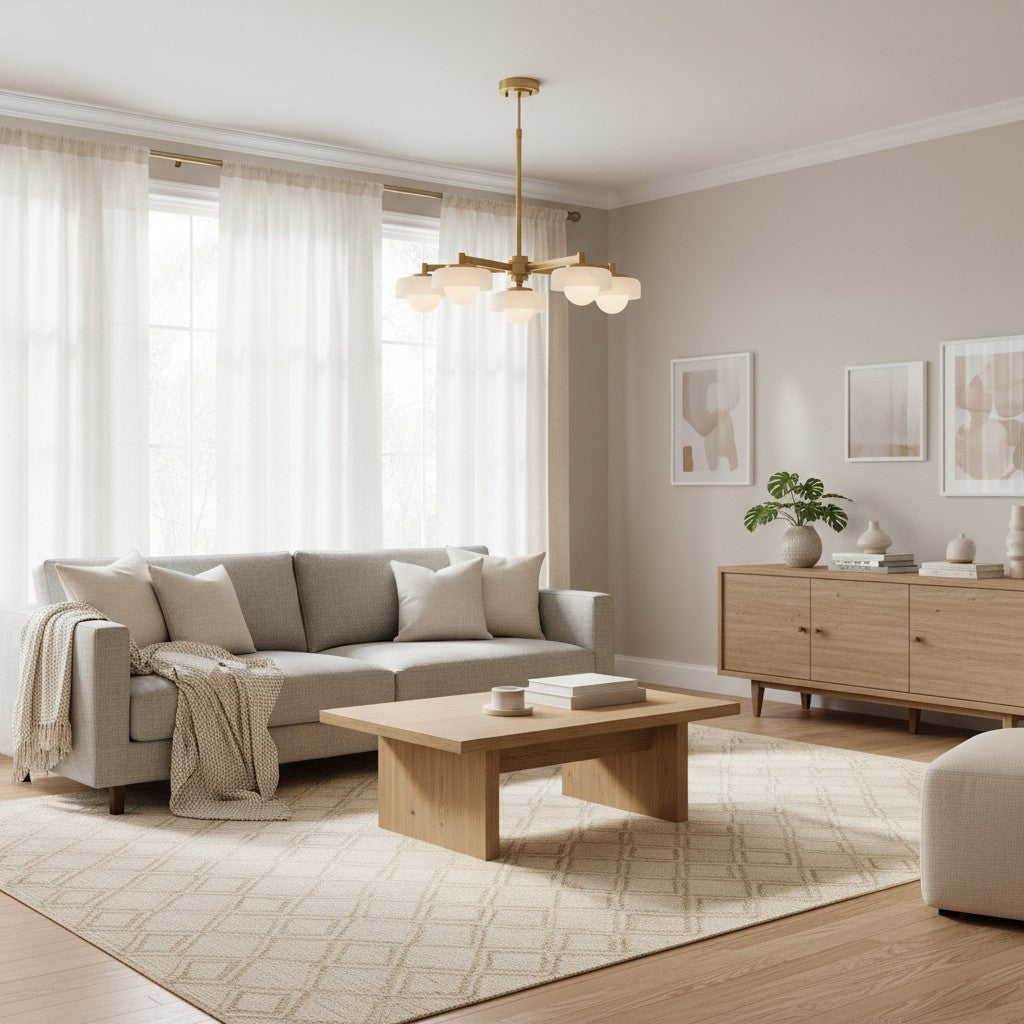 Zirvos Pendelleuchte mit mattierten Opalgloben und gebürstetem Messingrahmen für Wohn- und Esszimmer