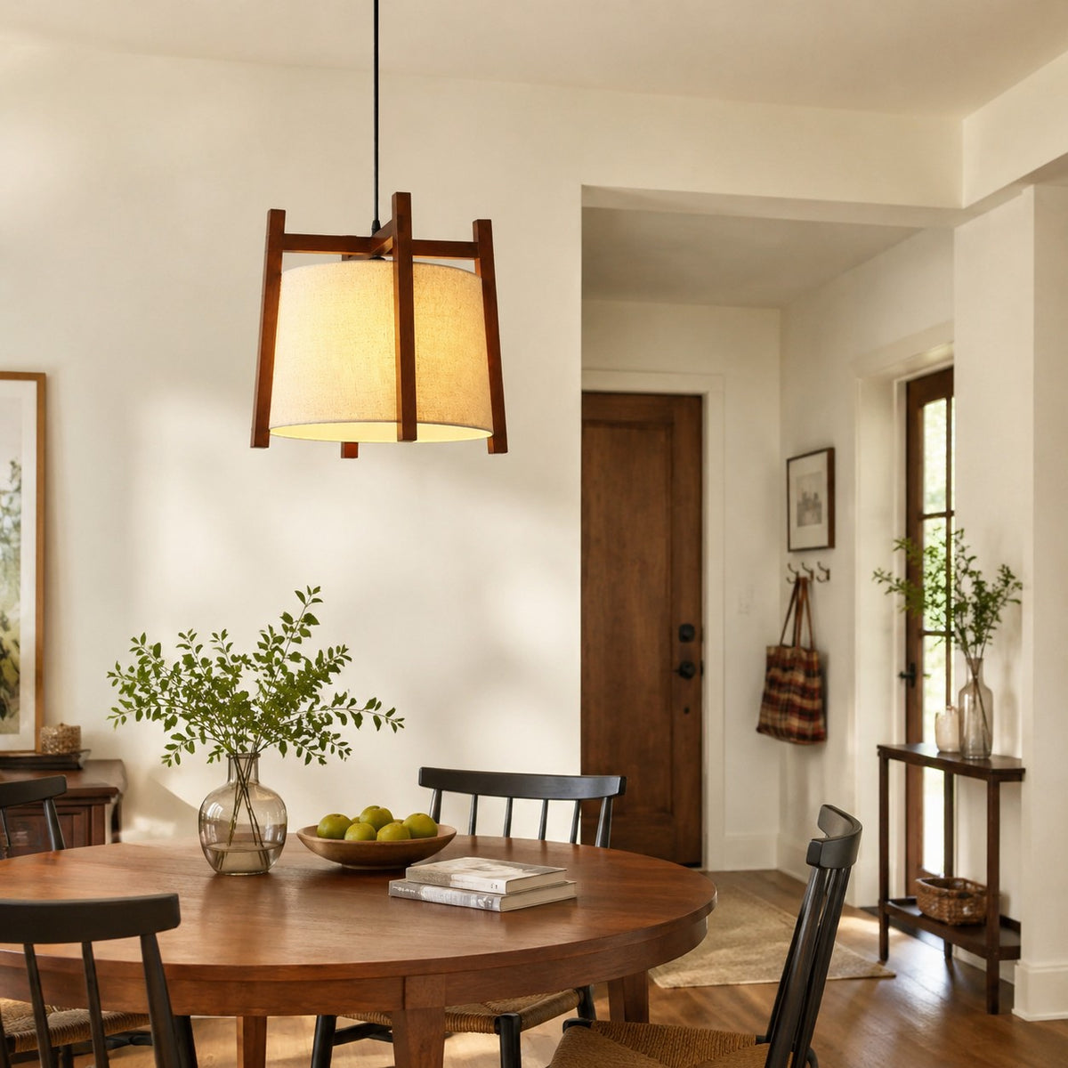 Single walnut fabric pendant light above a dining table