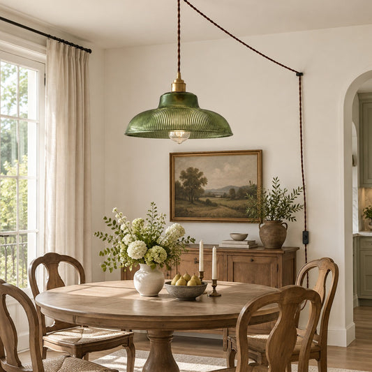Vintage Ribbed Glass Shade Plug‑in Swag Pendant Light - Hanging Lamp for Dining and Living Room