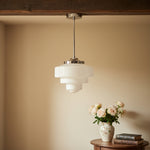 Load image into Gallery viewer, Geotower Glass Brass Pendant Light – Art Deco Opal Globe Ceiling Fixture
