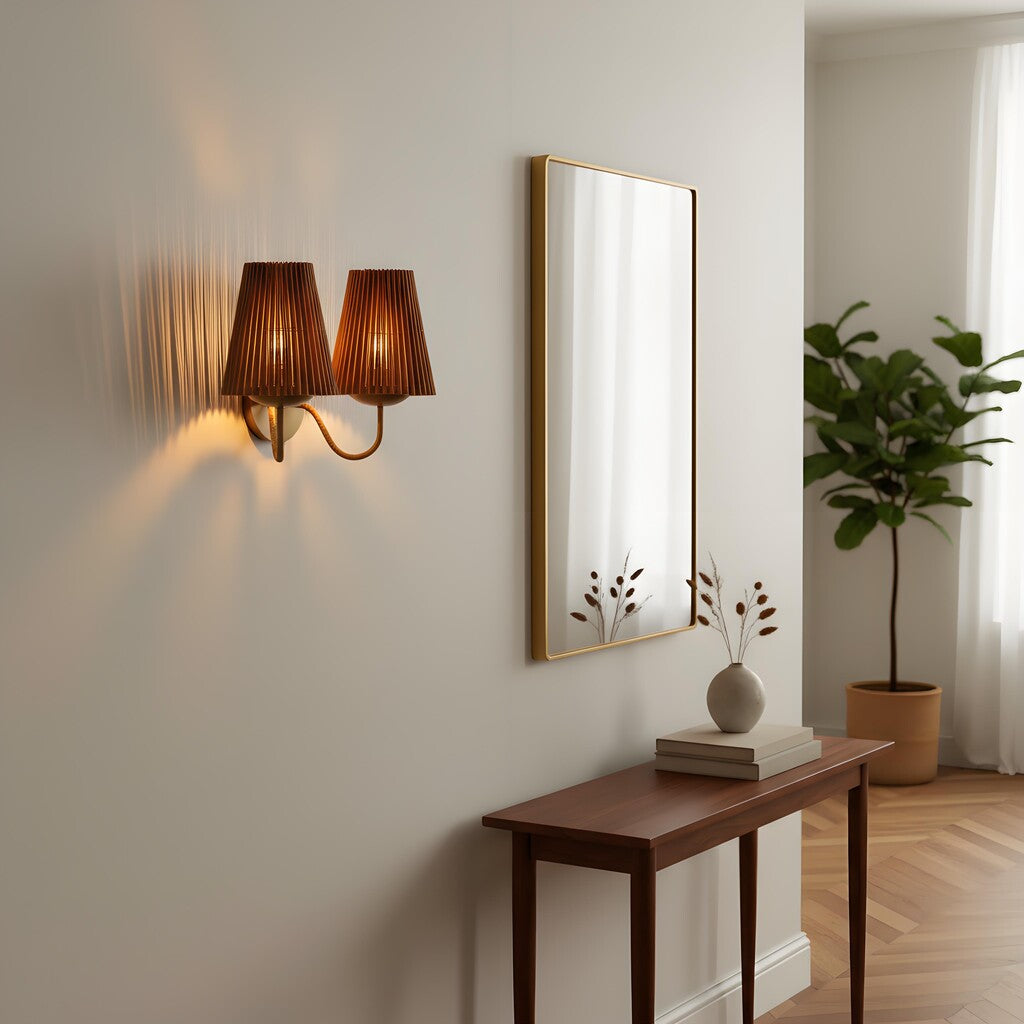 Zhoove  Bamboo Wall Lamp - Pleated Natural Shade Design for Living Room or Bedroom