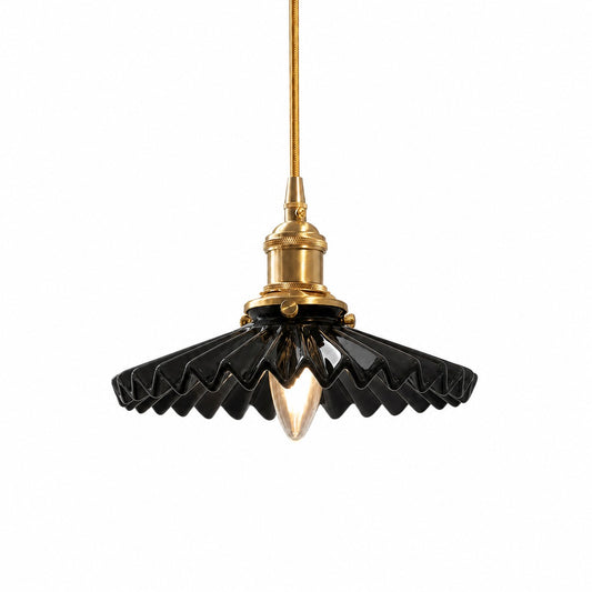 Black pleated ceramic pendant light with brass-finish base