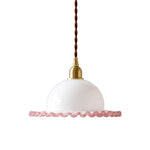 Cargar imagen en el visor de la Galería, pendant version with brass holder and pink rimmed ruffled glass shade