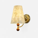 Carica l'immagine nella visualizzazione Galleria, Capiz shell LED wall sconce with brass-tone frame and wood accents