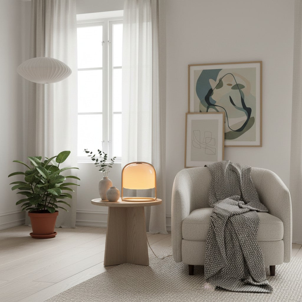 Nera Tafellamp – Elegante Gebogen Glazen Kap – Metalen Frame Stijl voor Woonkamer of Slaapkamer