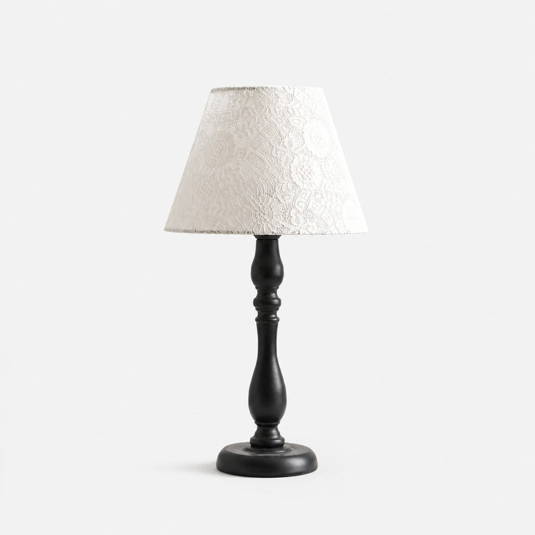 Vintage black iron table lamp with lace trim fabric shade