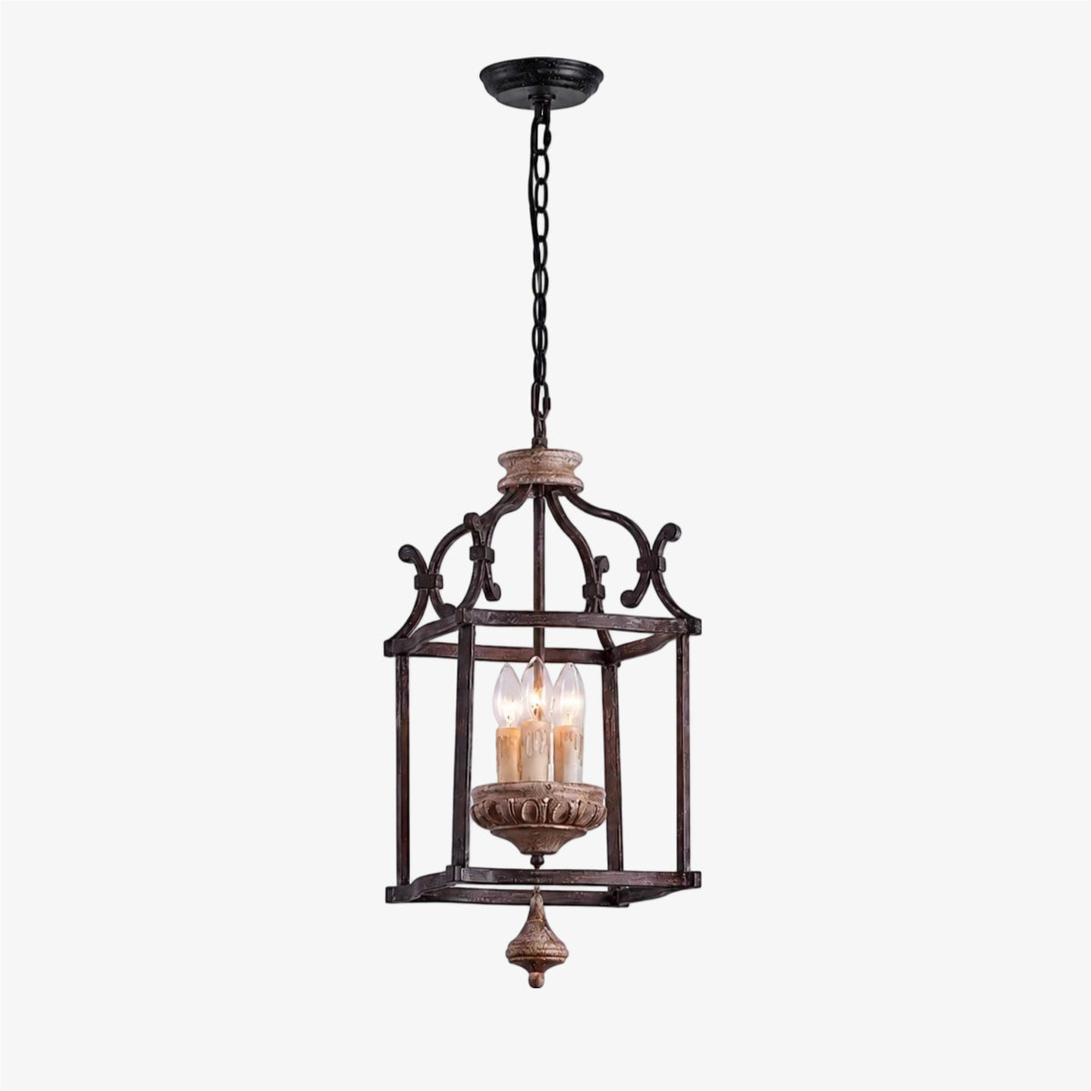 Rustic birdcage pendant lamp with iron frame and wood accent