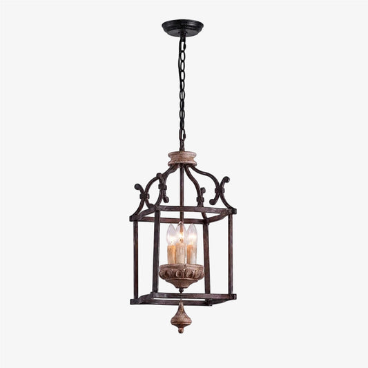 Rustic birdcage pendant lamp with iron frame and wood accent