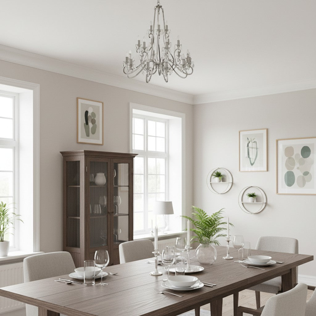 Talonis Kristall-Kronleuchter - Traditioneller Kerzenstil aus Messing und Nickel für Wohnzimmer und Esszimmer