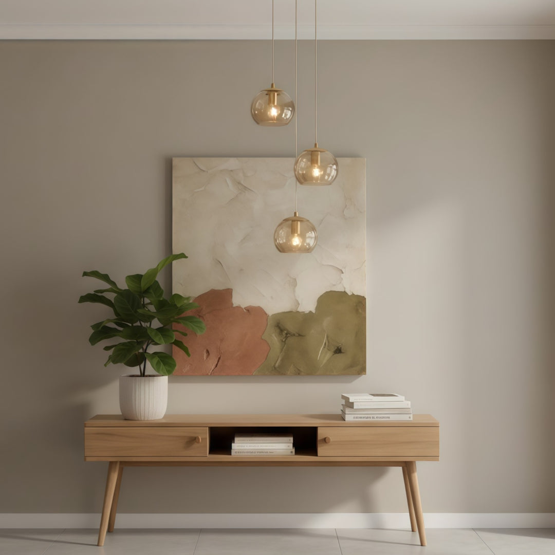Tracian Dimpled Globes 3-Lichts Hanglamp – Sculpturale Amber Verlichting Ideaal voor Lounge of Entree