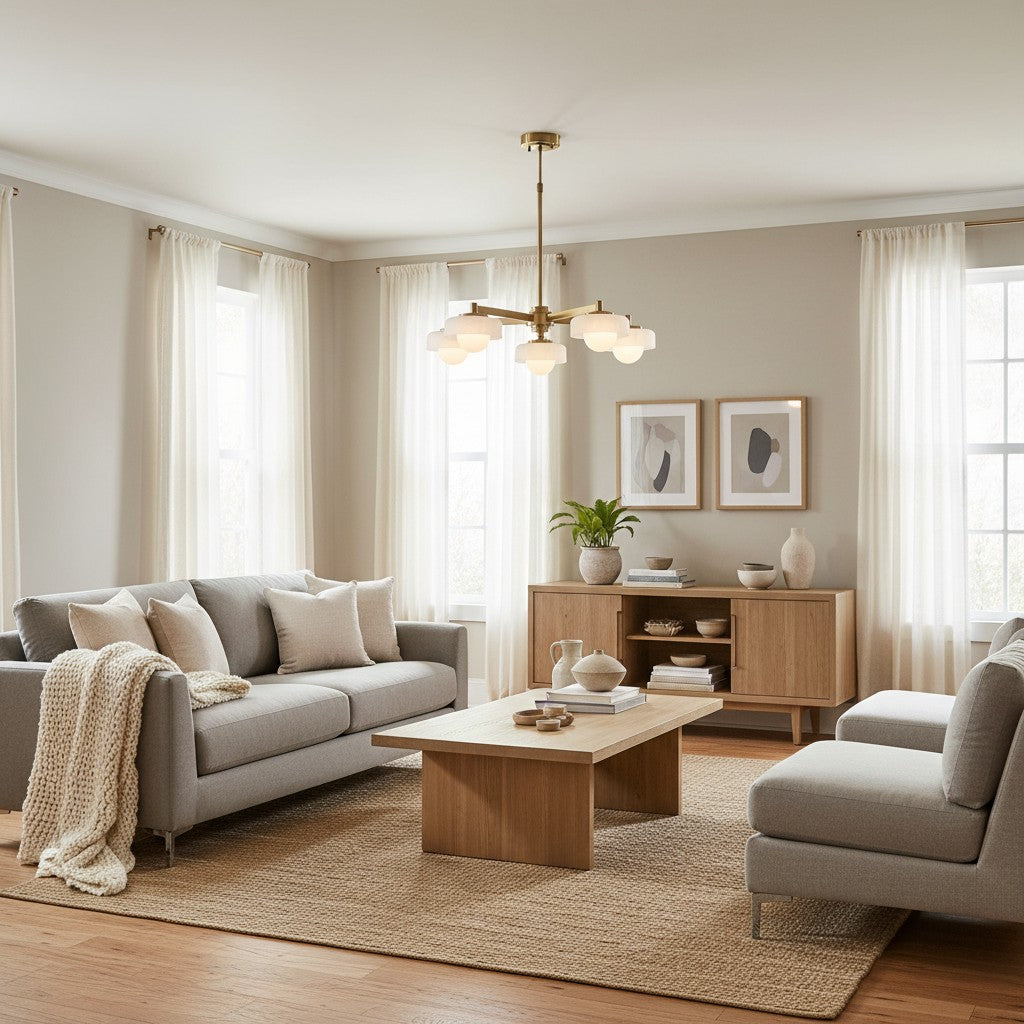 Zirvos Pendelleuchte mit mattierten Opalgloben und gebürstetem Messingrahmen für Wohn- und Esszimmer