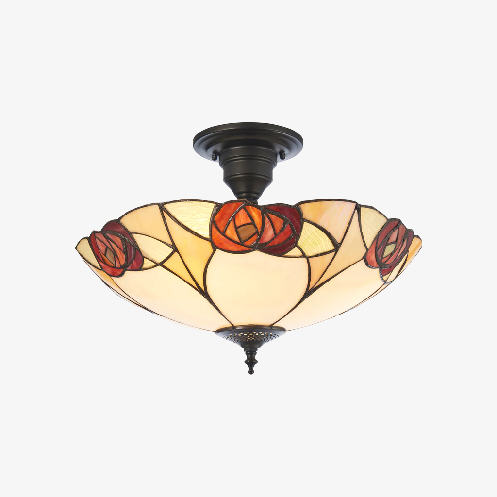 Lampe de plafond en vitrail artisanale TF Ingram – Lumière Tiffany vintage Art déco pour salle à manger
