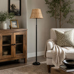 Afbeelding laden in galerijweergave, Rattan shade floor lamp beside sofa and wood cabinet