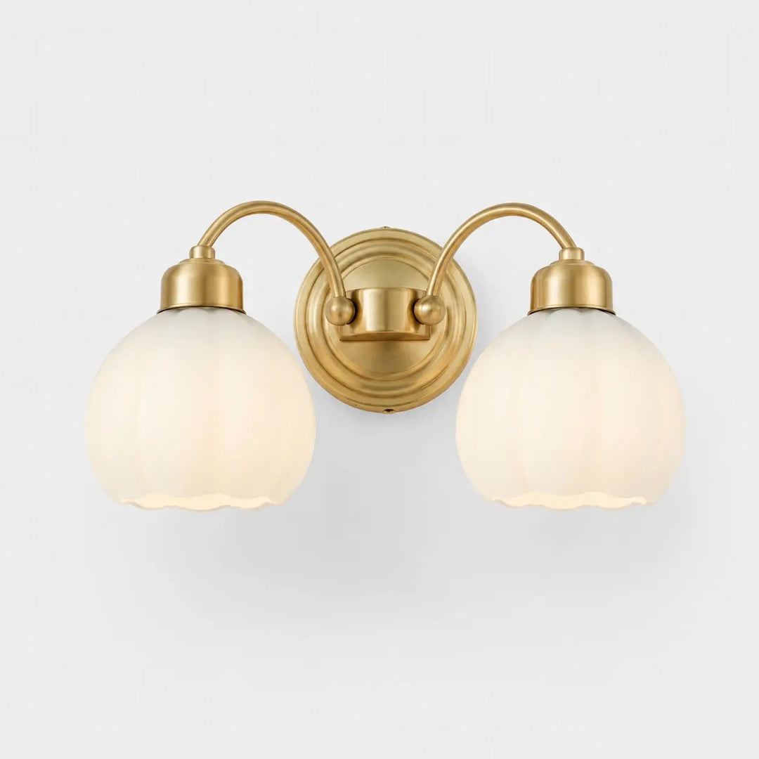 Double-head solid brass milk glass flower wall lamp