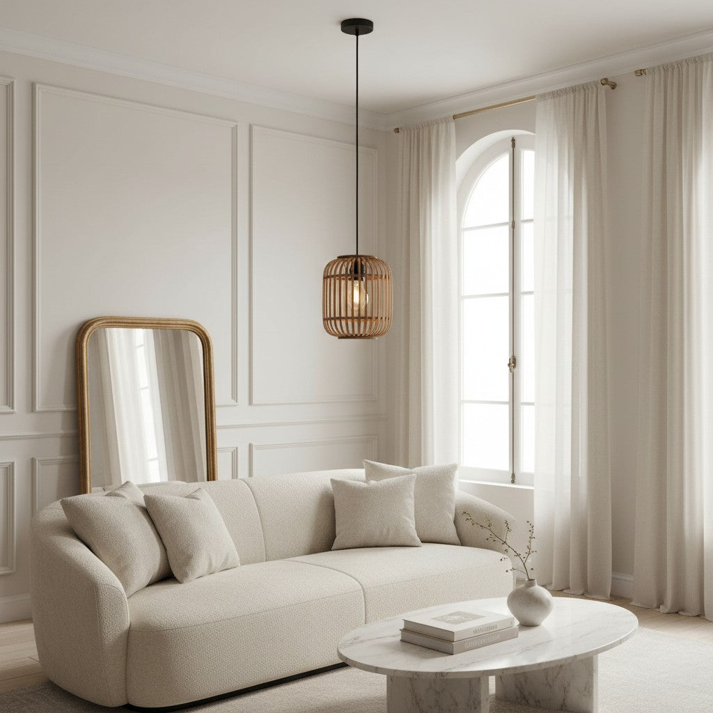 Lampe suspendue réglable en bambou Yumeko - Plafonnier à cage naturelle parfait pour les salons et salles à manger