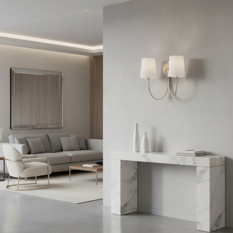 Aplique de Pared Doble Moderno Roven con Brazos Curvos y Pantallas de Tela – Iluminación de Acento Clásica para Dormitorio