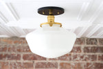 Load image into Gallery viewer, Geotower Glass Brass Ceiling Light - Opal Glass Schoolhouse Shade - Modern Elegance
