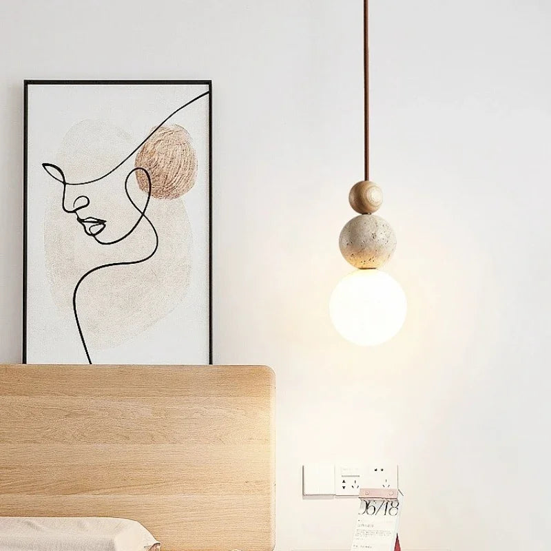 Lampada a Sospensione LED Retro Minimalista in Pietra di Travertino Crema