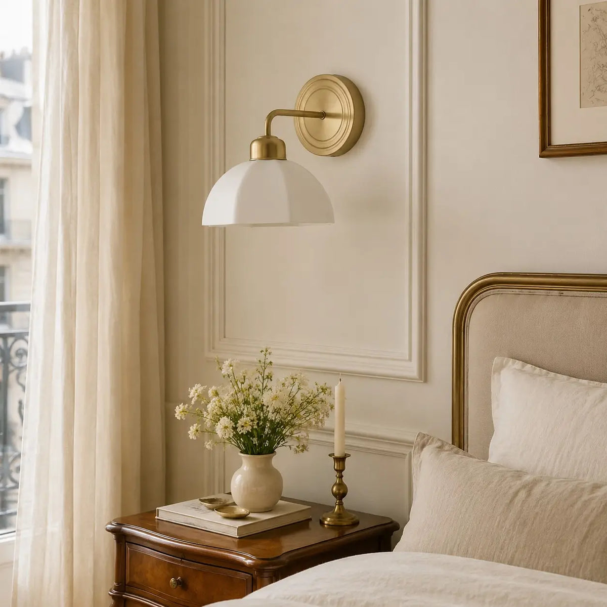 White milk glass wall lamp installed beside a bed