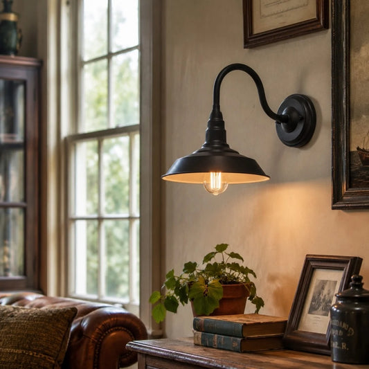 Industrial wall sconce beside window and shelf