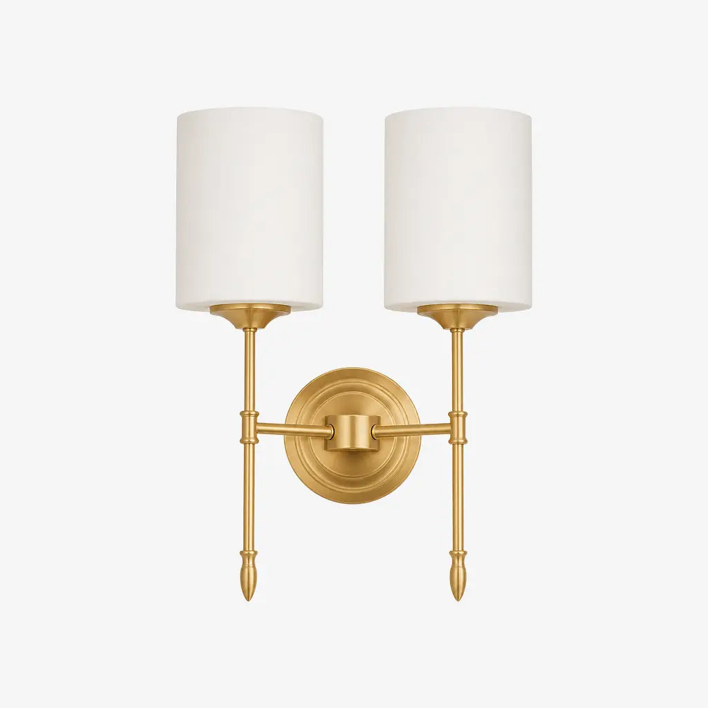 Two-head vintage brass wall light, Style D with opal glass shades