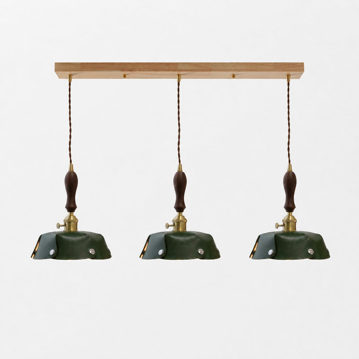 3-Light Linear Pendant Deep Green Leather Bar 75 cm / 29.5 in; Shade Dia. 25 cm / 9.8 in