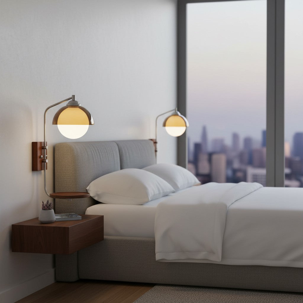 Afterglow Moderne Zonsondergang Wandlamp – Dubbele Glazen Kap Ontwerp met Houtstructuur Voet