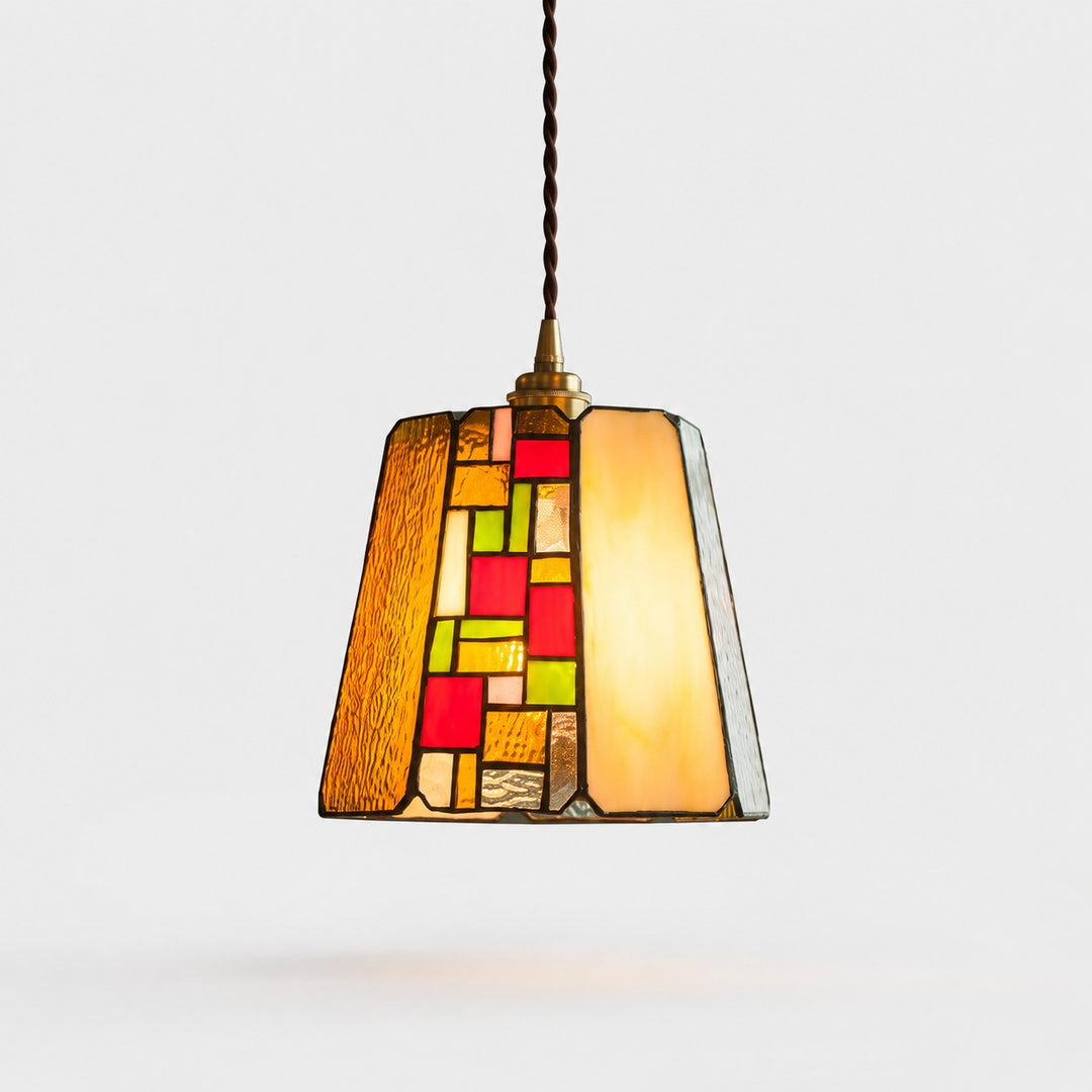 Vintage hanglamp van rozenkleurig glas-in-lood